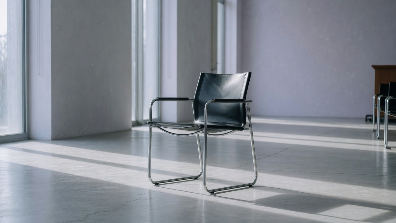 An empty chrome and leather chair in a quiet hall.