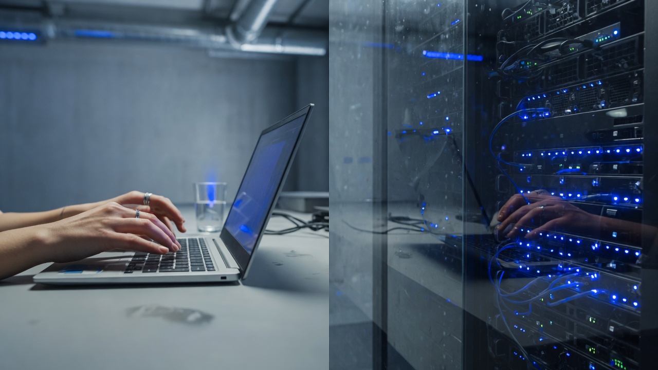 A person typing at a desk beside a server rack with cobalt lights.